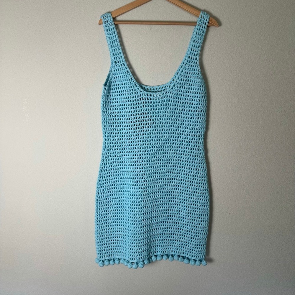 Burberry Blue Crochet Pom-Pom Trim Mini Dress Cover-Up NWT Womens M Beachy Boho - Picture 5 of 9